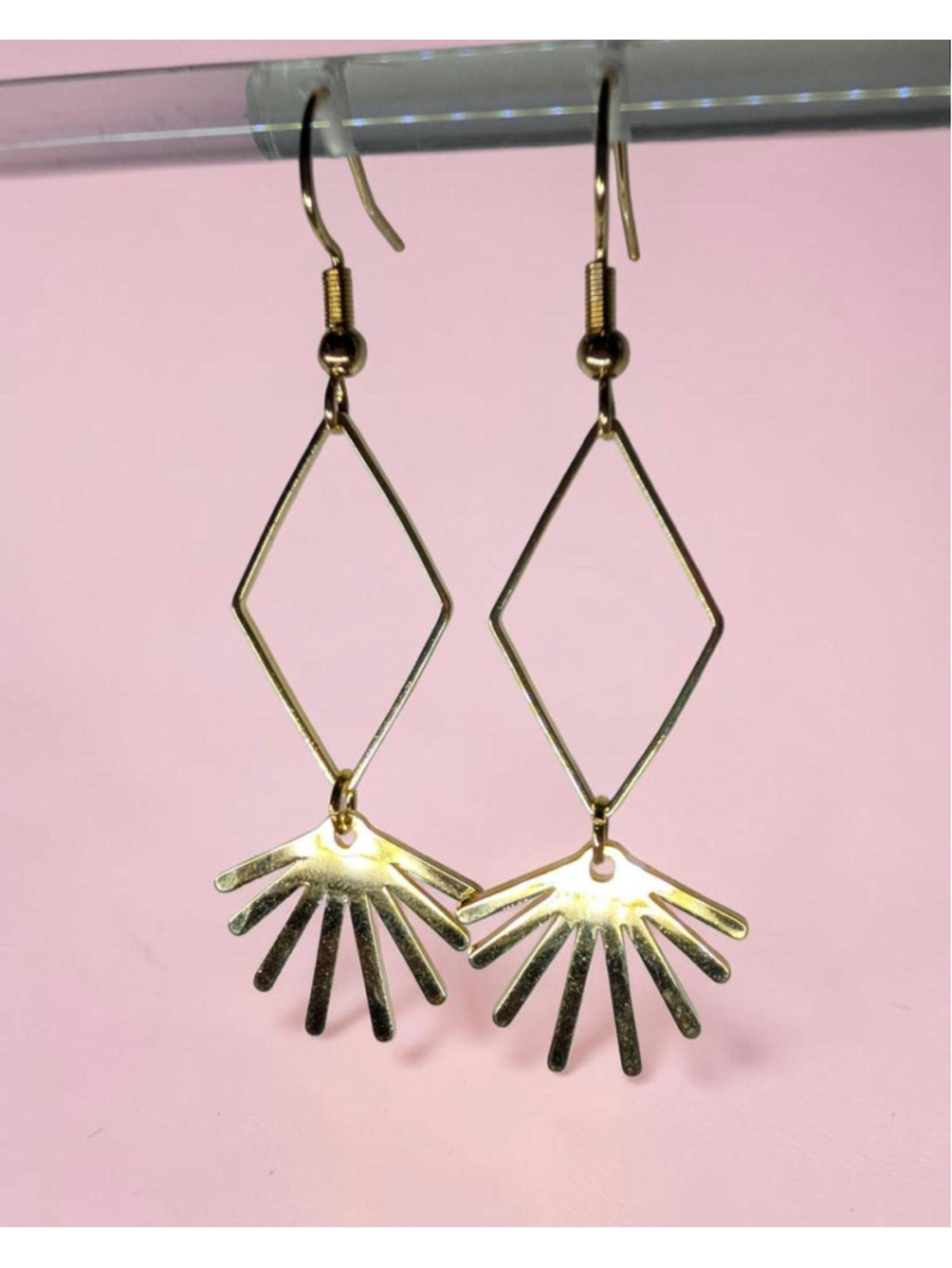 Gold Brass Sunburst Earrings, Geometric Diamond Shaped Dangle Earrings